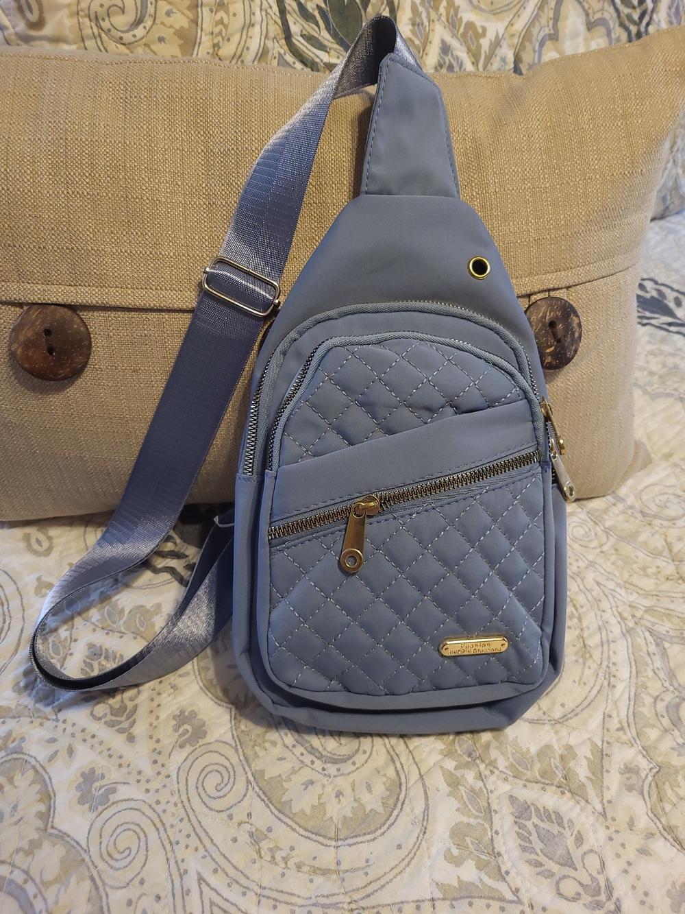 Quilted Light Blue Sling Crossbody Bag with Gold Accents